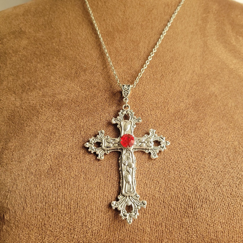 Silver Ornate Cross Necklace with Red Faux Crystal Stone One Size Whimsigoth